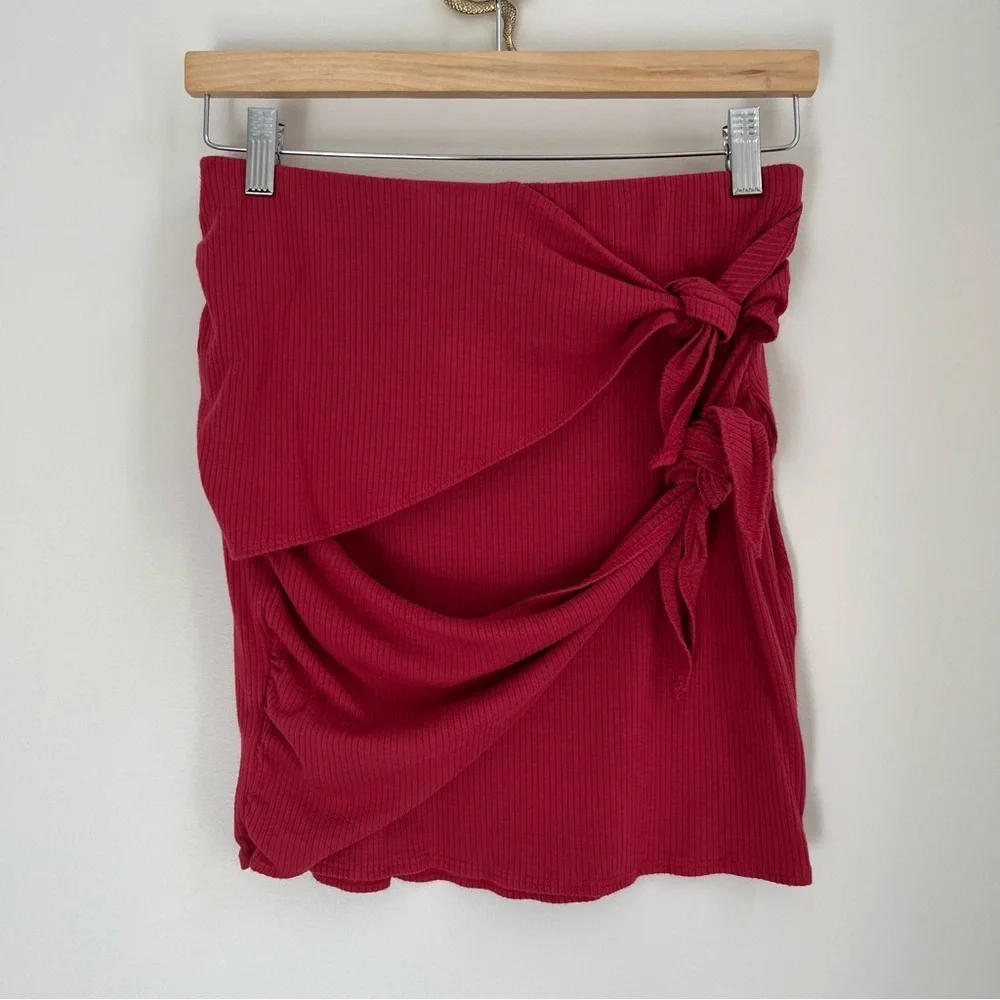 [express] ribbed stretch double tie knot wrap mini skirt red S